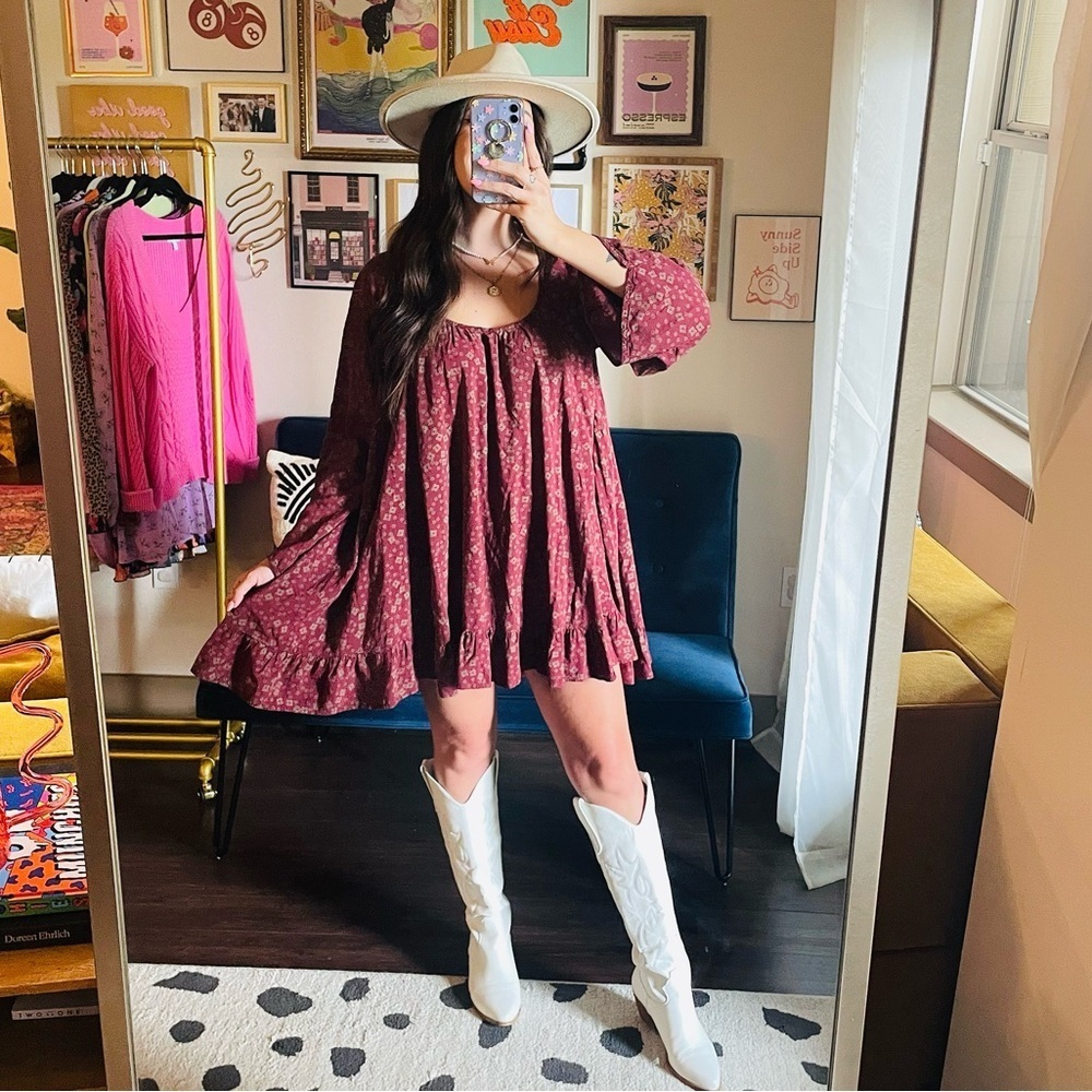 Free People Floral Long Sleeve Open Back Tunic Mini Dress
